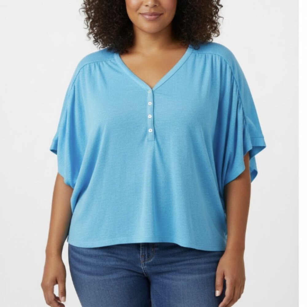 Chico's Top size XXL/4 Blue Turquoise Stretch Knit V Neck Relaxed Dolman Sleeve